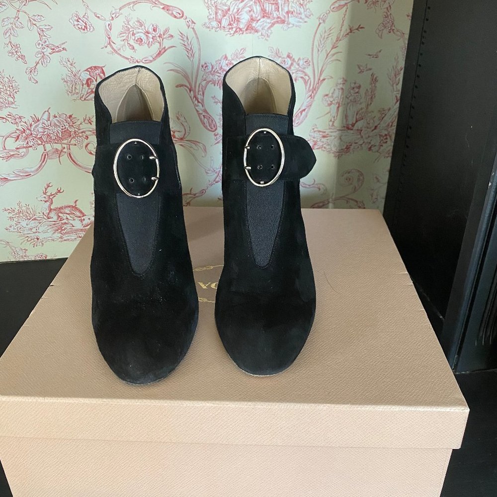 Prada Buckle-Strap Ankle Boots Black Suede Size 39 High Heel Booties